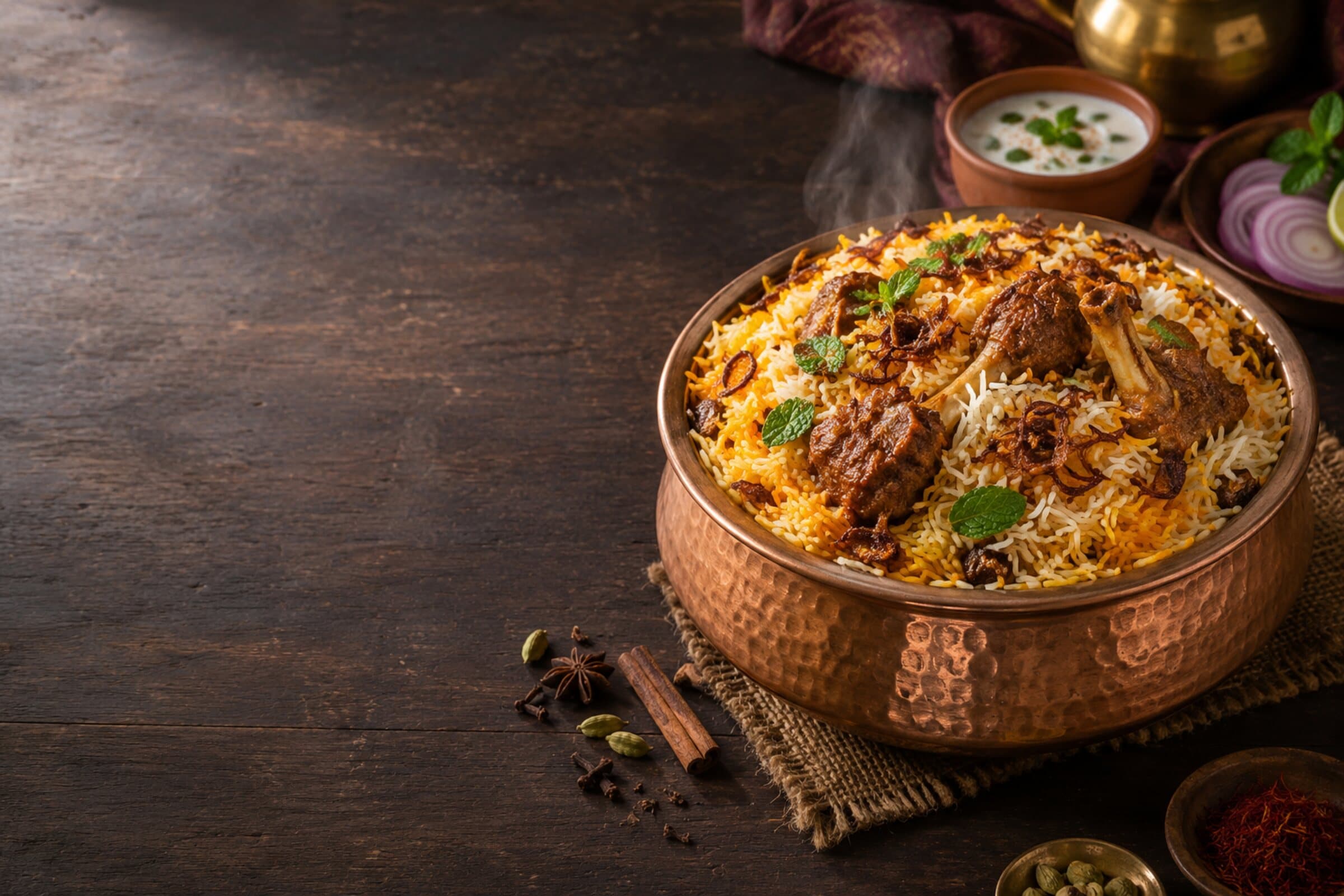 A copper handi of Hyderabadi dum biryani